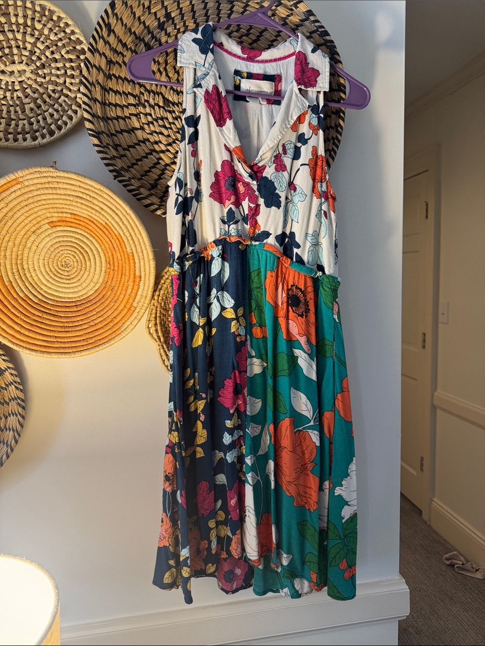 Anthropologie Floral Sleeveless Maxi Dress - White with Pink & Navy Flowers
